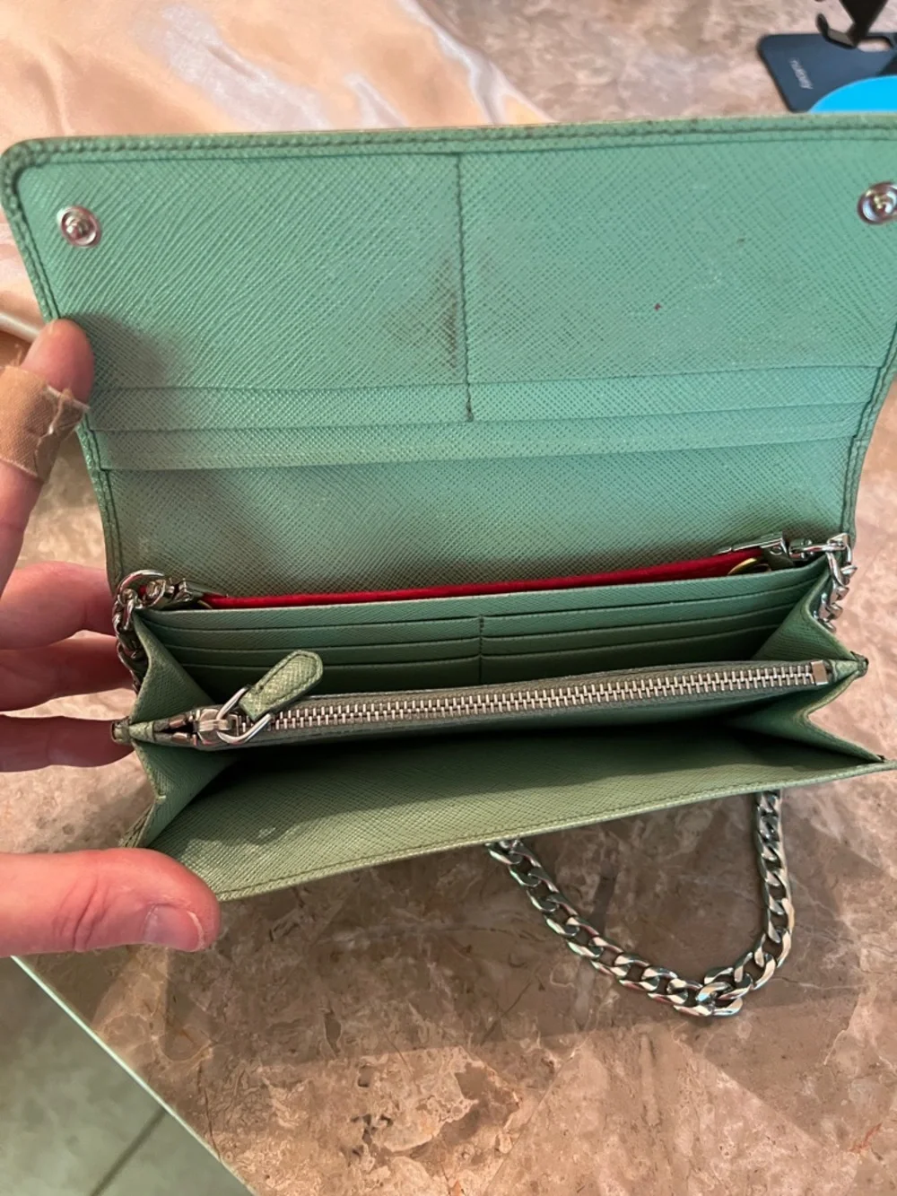 Prada Saffiano Leather Clutch in Mint Green with Silver Chain insert - Picture 11 of 17